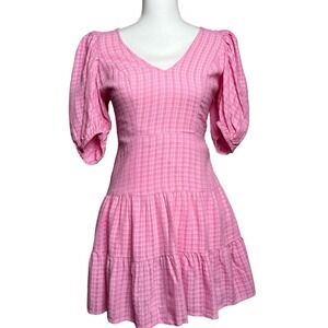 French Connection Cottagecore Pink Gingham Puff Sleeve Tiered Mini Dress  2 XXS